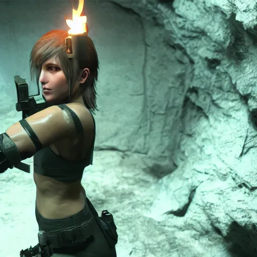 Prompt: quiet from metal gear solid v, inside a cave, holding a torch, wet,