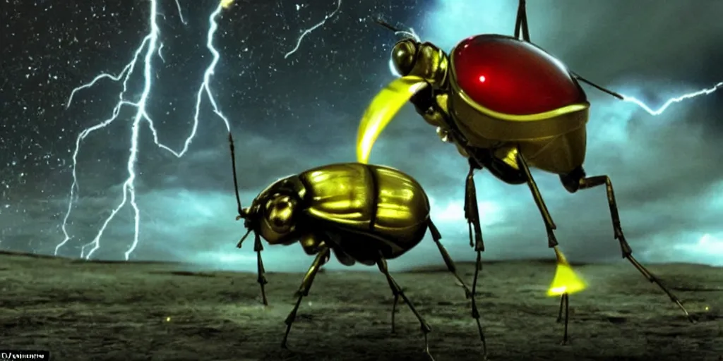 Image similar to lightning bug descendant 1 million in the future is a quadruped with big eyes. the bug wears a spacesuit, and explores the cosmos in a bug - shaped spaceship. science fiction blockbuster movie bugs save the planet or the love bug from saturn, up ( film, 2 0 0 9 )