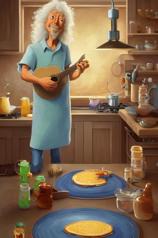 Image similar to arlo guthrie making pancakes, animation pixar style, by pendleton ward, magali villeneuve, artgerm, rob rey and kentaro miura style, golden ratio, trending on art station