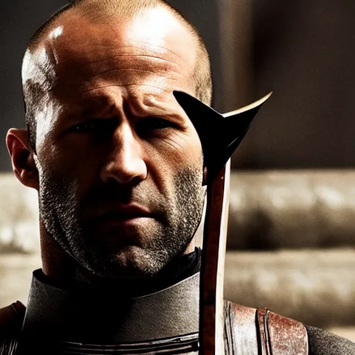 Image similar to an film still of jason statham as samurai, cinematic action