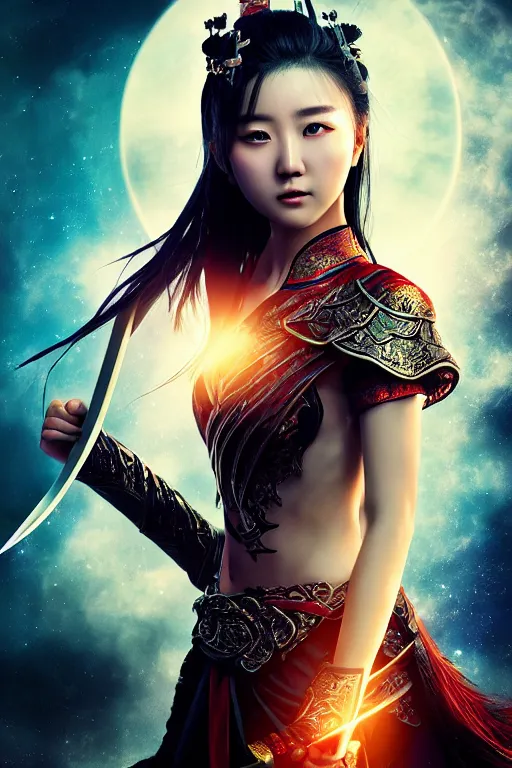 Image similar to beautiful cinematic fantasy poster, wuxia sword dance heroine, beautiful glowing galaxy eyes, hybrid from Dynasty Warriror and art direction by tian zi, WLOP, Darius Zawadzki cinematic quality character render; low angle; ultra high quality model; production quality cinema model;