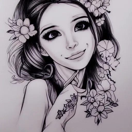 Prompt: tattoo design, stencil, tattoo stencil, traditional, beautiful portrait of a Belle Delphine with flowers in her hair, upper body, by artgerm, artgerm, artgerm, digital art, cat girl, anime eyes, anime, sexy-s 100