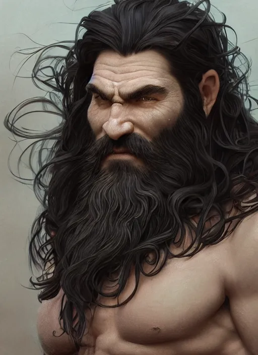 Prompt: portrait of a herculean well groomed orc with flowing long deep black hair, epic beard, style of god of war, swarm of sand, intricate, elegant, highly detailed, digital painting, artstation, concept art, smooth, sharp focus, illustration, art by artgerm and greg rutkowski and alphonse mucha, 8 k