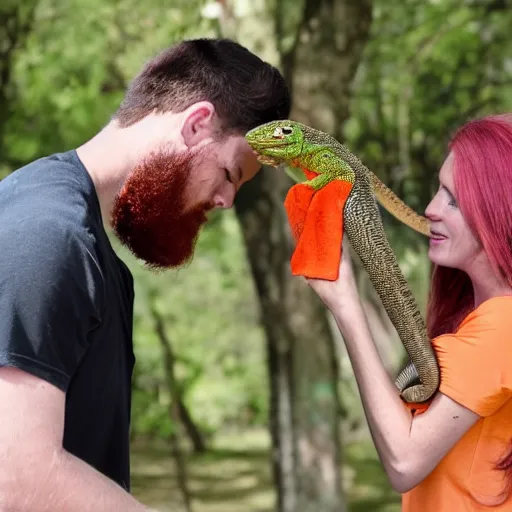 Image similar to a man gently slapping a woman in the face with a lizard. The man has a dark well groomed beard, the woman is attractive with straight red orange hair in the face with a lizard