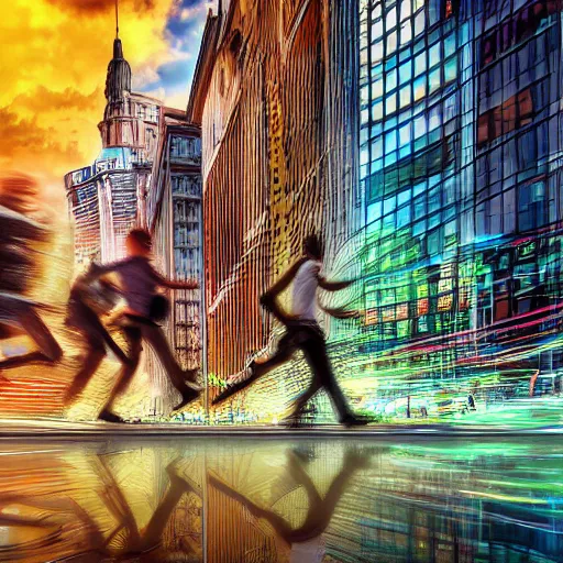 Prompt: bunch of people running away from a bitcoin giant in the city, hyper detailed, hdr, 8 k, bright colors