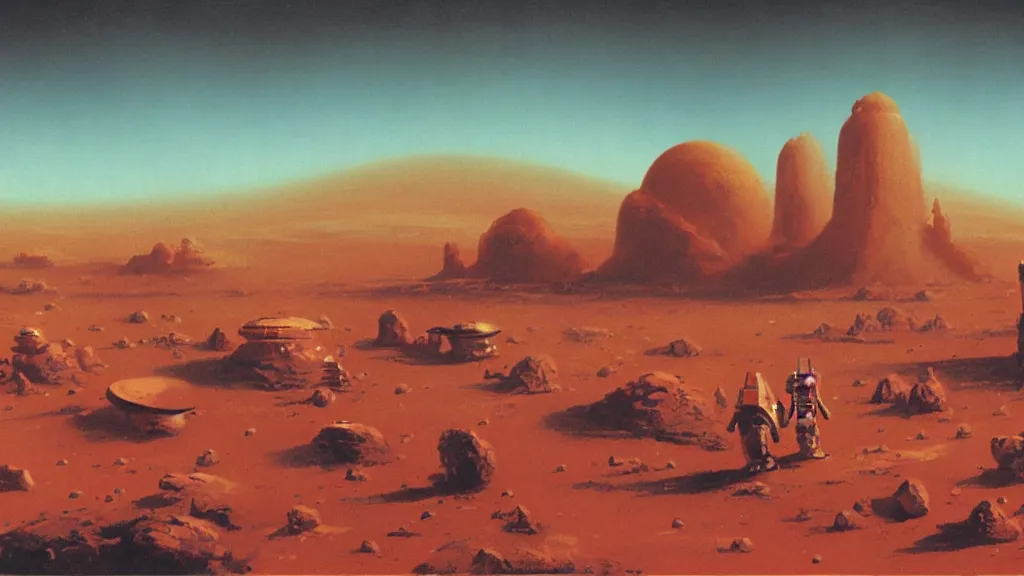 Image similar to mars colony by paul lehr and john schoenherr, cinematic matte painting