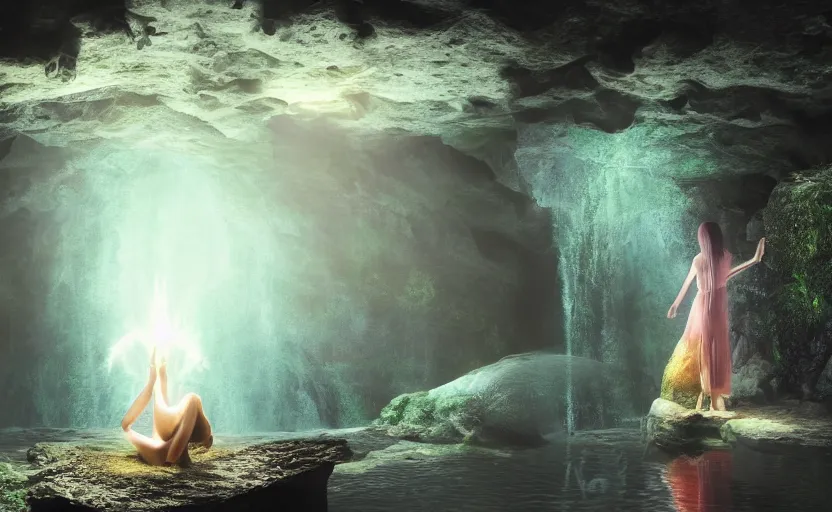 Image similar to a beautiful and stunning professional digital artwork of women worshipping god in cave, haze, spores floating in the air, waterfall, volumetric lighting, hyperrealistic, rtx on, ultra detail