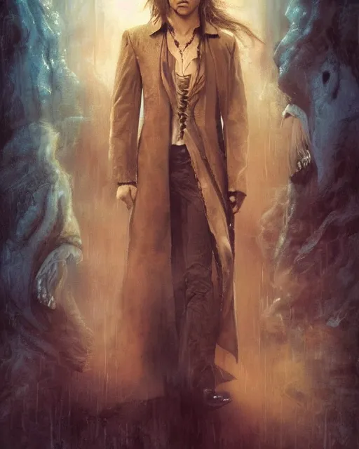 Image similar to alternate cover art for the movie interview with a vampire starring a long haired blonde tom cruise as lestat de lioncourt, face centered portrait, confident, unused design, nightmare world, fog, rain, volumetric lighting, realistic illustration, perfectly shaded, soft painting, art by krenz cushart and wenjun lin