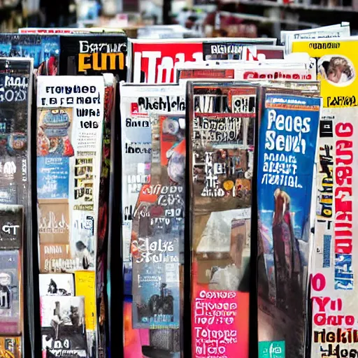 Prompt: a stand with magazines on a crowded street