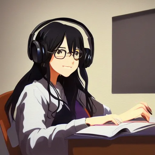 Image similar to Anime portrait painting of a black haired girl wearing headphones while studying in her warm cozy home, by makoto shinkai, relaxed, calm, atmospheric, peacefull, trending on artstation, kimi no na wa