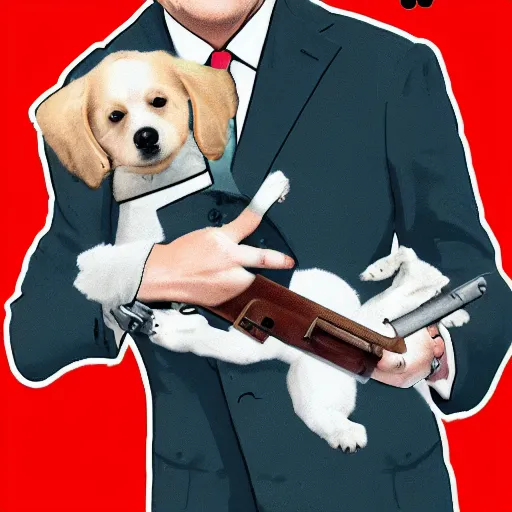 Prompt: dog holding a gun, aiming at boris johnson