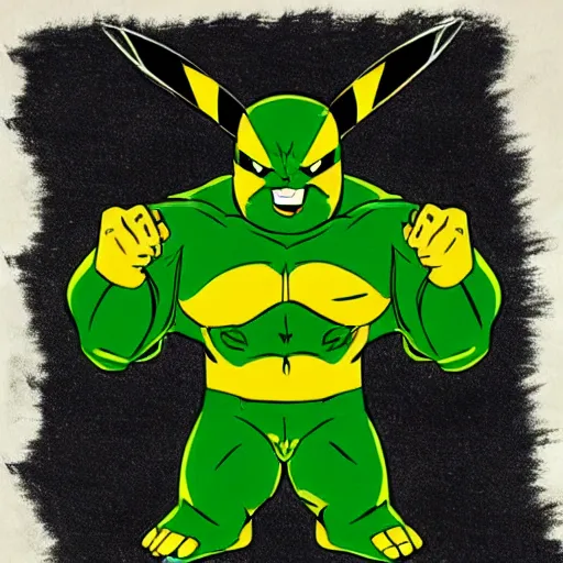 Prompt: pikachu combines with hulk, angry, marvel style