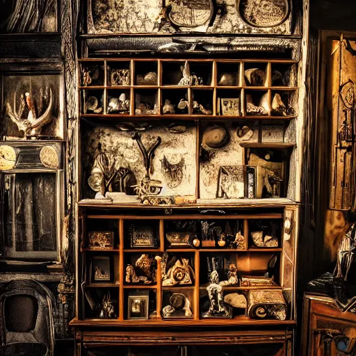 Prompt: cabinet of oddities and curiosities, esoteric, hd award cinematic photography, dramatic lighting