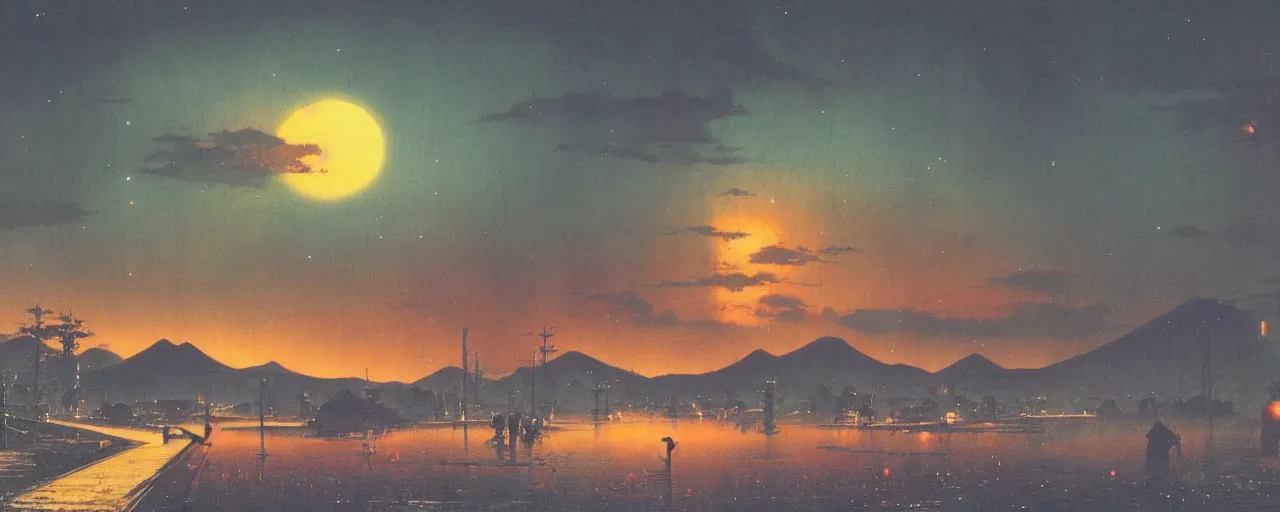 Prompt: awe inspiring bruce pennington landscape, digital art painting of 1 9 6 0 s, japan at night, 4 k, matte, warm, old, perspective