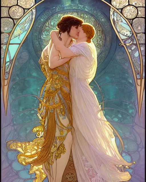 Image similar to the kiss | highly detailed | very intricate | art nouveau | gold filigree | romantic storybook fantasy | soft cinematic lighting | award - winning | disney concept art watercolor illustration by mandy jurgens and alphonse mucha and alena aenami | pastel color palette | featured on artstation