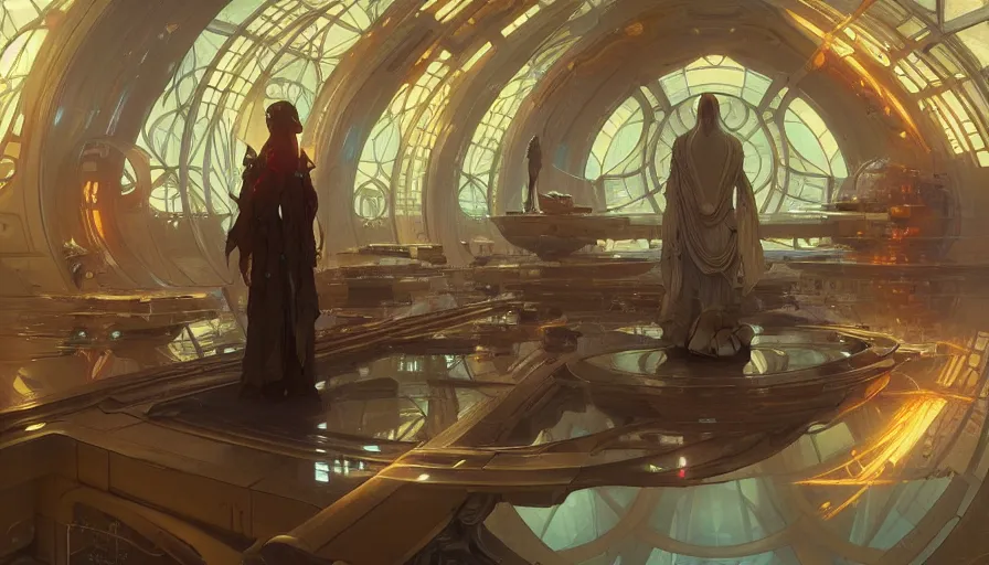 Prompt: a religious scifi room with a floating platform in the center, intricate digital painting artstation concept art smooth sharp focus illustration, art by artgerm and greg rutkowski and alphonse mucha