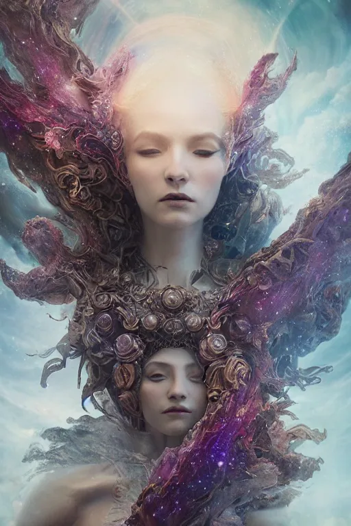 Prompt: beautiful detailed cgi matte painting female space empress of the andromeda, by ellen jewett, alessio albi | symmetrical features, ominous, alluring, vivacious, realism, intricate, ornate, royally decorated, organic, growth, whirling nebulas, glowing particles, colorful adornments, colorful torn fabric, radiant colors