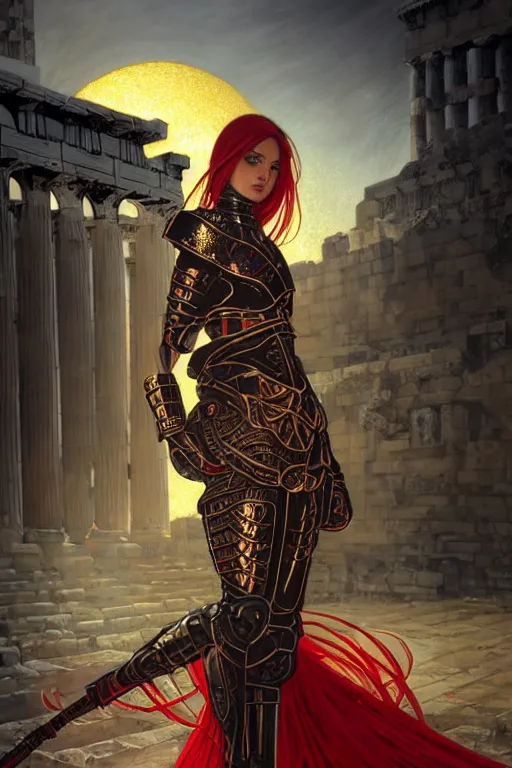Prompt: portrait knights of Zodiac girl, metallic black and red color reflected armor, in ruin Agora of Athens sunset, ssci-fi, fantasy, intricate, natural atmosphere, cinematic lighting,, elegant, golden light, highly detailed, digital painting, concept art, smooth, sharp focus, illustration, art by artgerm and greg rutkowski and alphonse mucha and loish and WLOP