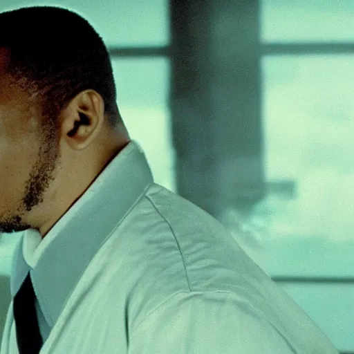 Image similar to cinematic film still of Timbaland starring as a Japanese Sensei with fire, Japanese CGI, VFX, 2003, 40mm lens, shallow depth of field, film photography