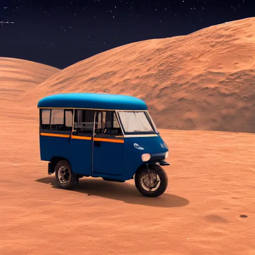 Image similar to a dark blue bajaj tuk tuk traveling on the surface of the moon, moon craters, night sky, milky way, hard lighting, matte painting, concept art, 4k