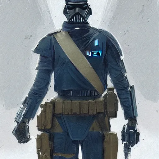 Image similar to star wars concept art by greg rutkowski, soldier wearing the blue and black colored tactical gear of the happean separatists, highly detailed portrait, digital painting, artstation, concept art, smooth, sharp foccus ilustration, artstation hq