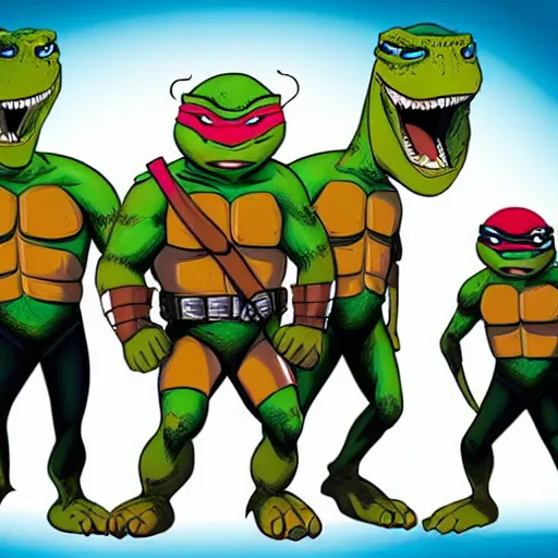 Prompt: high quality animated cartoon still of teenage ninja mutant turtles wearing a jurassic park t - shirt, very detailed, full body, rule of thirds, jurassic park entrance logo, concept art, secret of the ooze