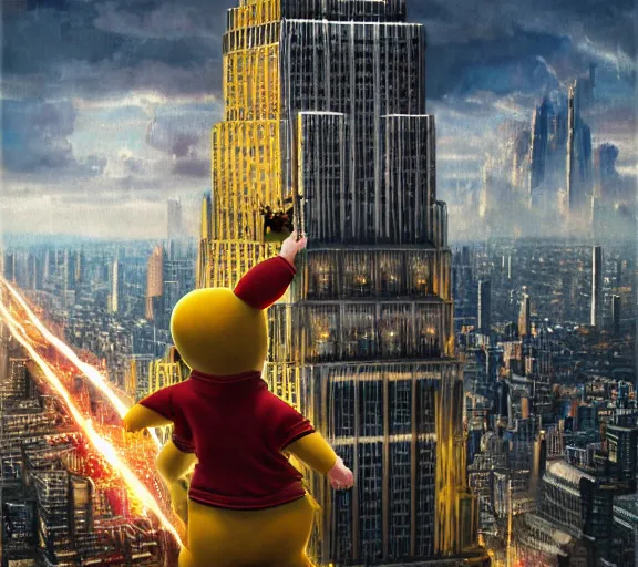 Image similar to epic fantasy comic book style portrait painting of a giant angry pikachu as king kong climbing the empire state building, by mark ryden and pixar and hayao miyazaki, unreal 5, daz, hyperrealistic, octane render, cosplay, rpg portrait, dynamic lighting, intricate detail, cinematic