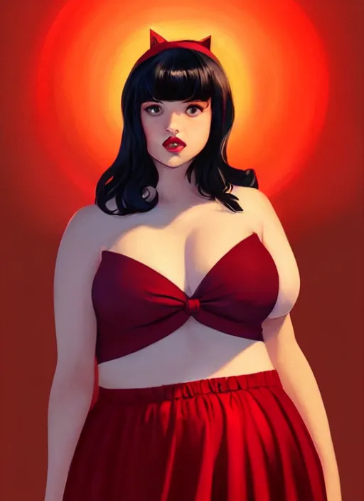 Image similar to full body portrait of teenage veronica lodge, obese, bangs, sultry, realistic, sultry smirk, wavy hair, red skirt, fat, belly, intricate, elegant, glowing lights, highly detailed, digital painting, artstation, concept art, smooth, sharp focus, illustration, art by wlop, mars ravelo and greg rutkowski