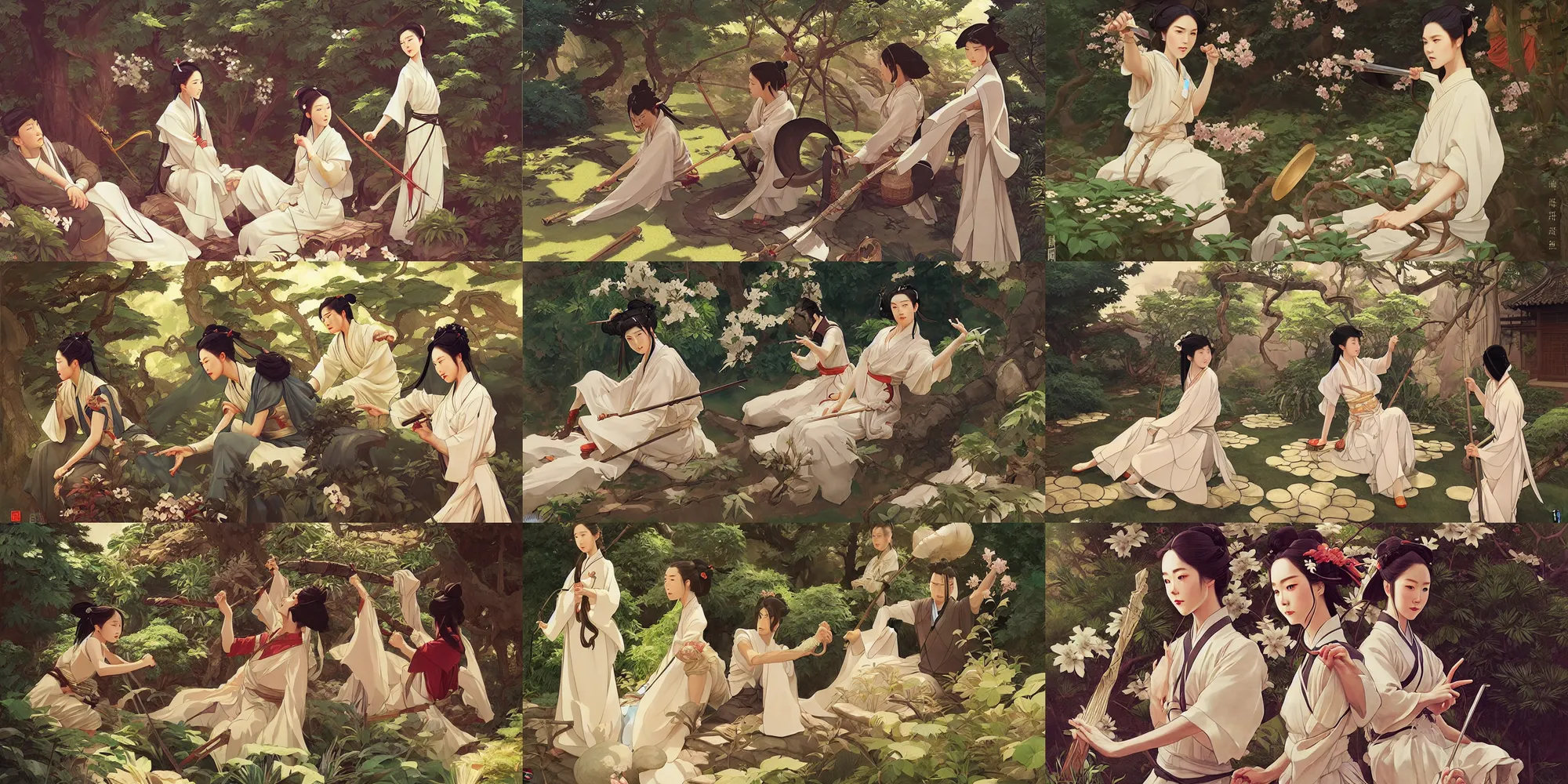 Prompt: wuxia, relax in the garden, in the style of studio ghibli, j. c. leyendecker, greg rutkowski, artem