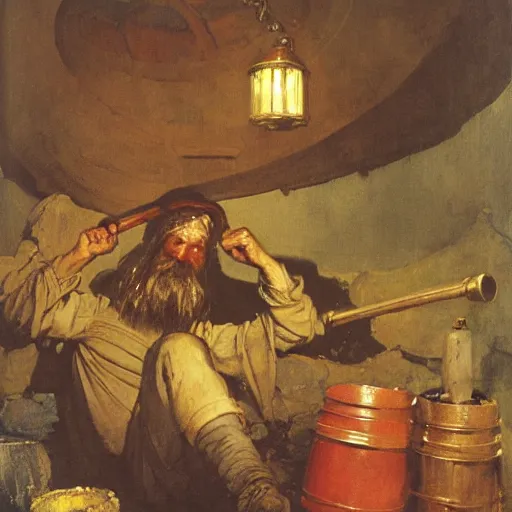 Prompt: interior of wine cask Portrait Portrait of Diogenes of Sinope the Cynic Sage donning hermit costume whilst brandishing lantern whilst laying in an enormous wine cask winslow homer theodore gericault norman rockwell donato giancola john william waterhouse maxfield parrish mikhail vrubel arkhip kuindzhi astri lohne stained lacquer glaze