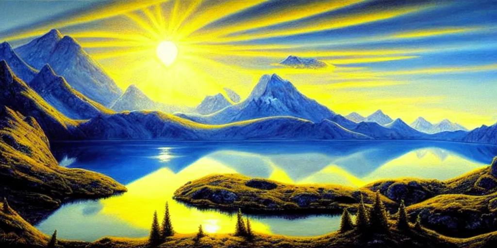 Image similar to a beautiful landscape, sun rises between two mountains, a lake in between the mountains, blue sky, cloudy, painting by john stephans, extremely detailed, hyper realism