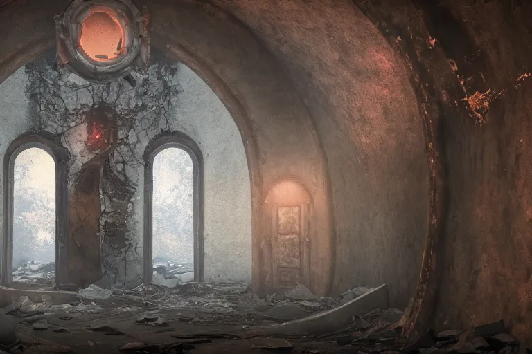 Prompt: An Abandoned, but functional portal to the fire realm, photorealistic, 4k, ultra detailed, cinematic lighting, fantasy, magic