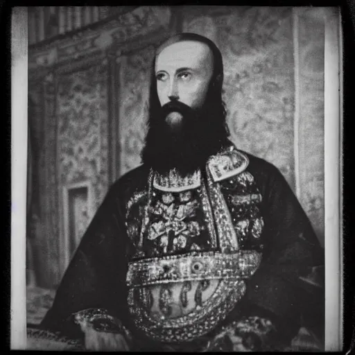 Prompt: portrait of Ivan the Terrible in his palace in Moscow drinking vodka, polaroid, photo, high detail,
