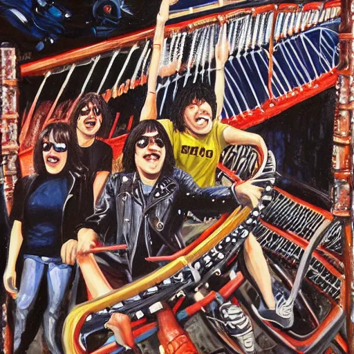 Prompt: the ramones having fun on a rollercoaster, hyper detailed, 8 k, oil painting, rule of thirds