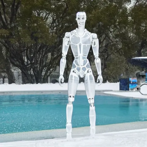 Image similar to made of ice, a realistic detailed photo of a guy who is an attractive humanoid who is half robot and half humanoid, who is a male android, on display, blank stare, showing off his muscles, shiny skin, posing like a statue, by the pool, frozen ice statue, f 1 driver max verstappen, humanoid robot