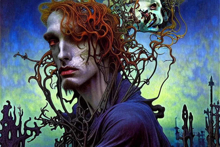 Image similar to realistic detailed portrait painting of a beautiful male zombie, nightly graveyard landscape background by Jean Delville, Amano, Yves Tanguy, Alphonse Mucha, Ernst Haeckel, Edward Robert Hughes, Roger Dean, masterpiece, cinematic composition, dramatic pose, 4k details, rich moody colours, blue eyes