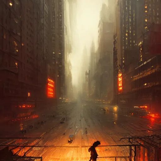 Image similar to new york city in a post apocalyptic earth as seen by greg rutkowski, dark theme, enchanted, warm colors, high quality, waw, trending on artstation