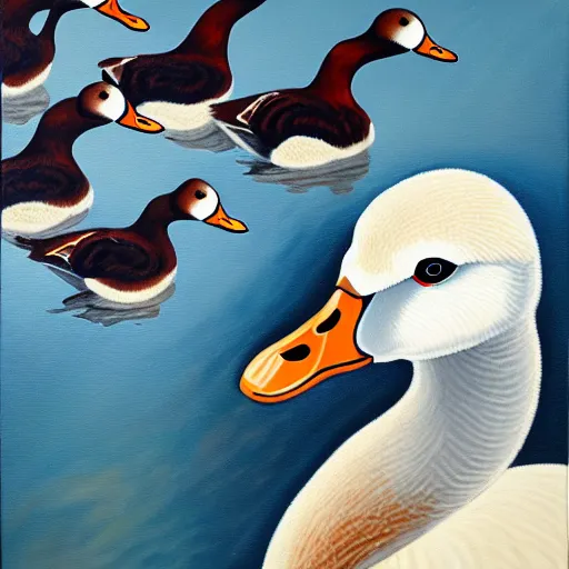 Image similar to oil painting of a goose with dozens of eyes all over its body