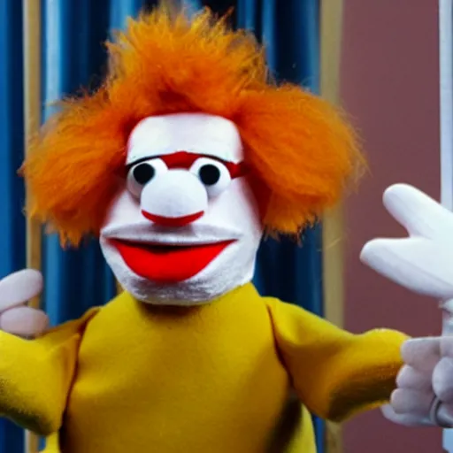 Prompt: Ronald McDonald as a muppet, testifying on trial