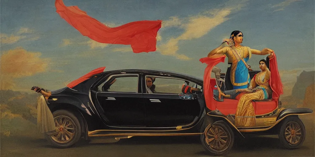 Image similar to woman driving a tesla in the style of raja ravi varma, high detail, realism, national gallery of delhi