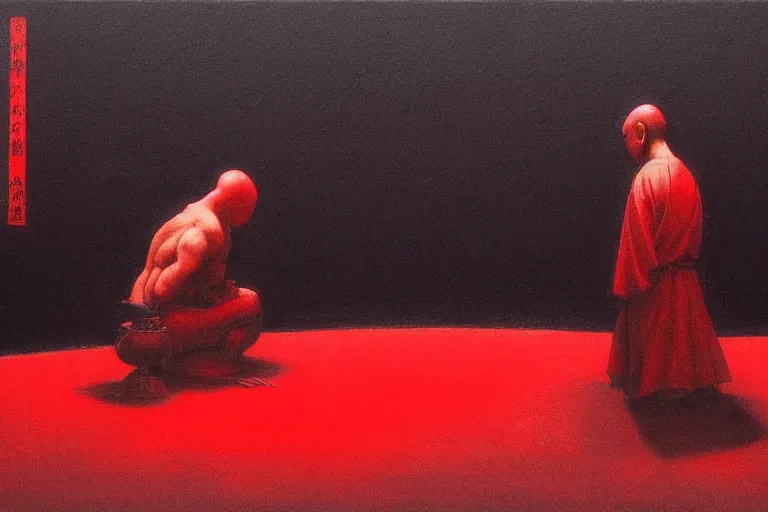 Image similar to only with red, a red samurai do seppuku, tokio, a lot of frogs watch, in the style of beksinski, parts by edward hopper, parts by rodcenko, parts by yue minjun, intricate and epic composition, red by caravaggio, insanely quality, highly detailed, masterpiece, red light, artstation, 4 k