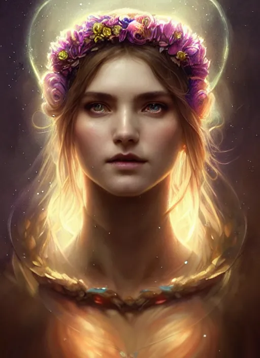 Image similar to a beautiful cinematic female druid goddess, flower Crown, galatic shamen with Quantum energy fantasy, fantasy magic, undercut hairstyle, dark light night, intricate, elegant, sharp focus, illustration, highly detailed, digital painting, concept art, matte, art by WLOP and Artgerm and Greg Rutkowski and Alphonse Mucha, masterpiece