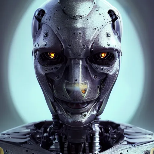 Image similar to centered detailed portrait of a scary robotic robot, realistic character concept, identical eyes, gazing eyes, video game art, fantasy, illustration, slender symmetrical face and body, artstation, cinematic lighting, hyperdetailed, cgsociety, 8 k, octane render, golden ratio, postprocessing