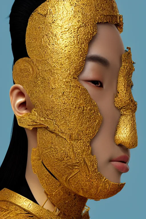 Prompt: realistic detailed painting of Asian woman, fair skin, big eyes, long black hair, no bangs, wearing sculpted textured golden armor, closes her eye, battle damage, intricate complexity, close-up of the front of the face, super sophisticated texture, resolute expression, back lighting, 4K resolution, symmetric, clear facial features, golden ratio, by Ruan Jia and Mandy Jurgens and William-Adolphe Bouguereau, Karol Bak, smooth, sharp focus, rich deep colors, Unreal Engine 5, digital render, intricate, ultra realistic, concept art,