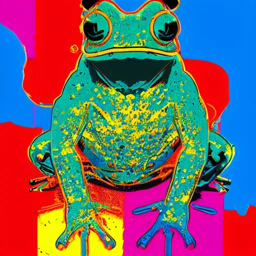 Image similar to illustration of cyberpunk frog, colorful splatters, by andy warhol and by zac retz and by kezie demessance