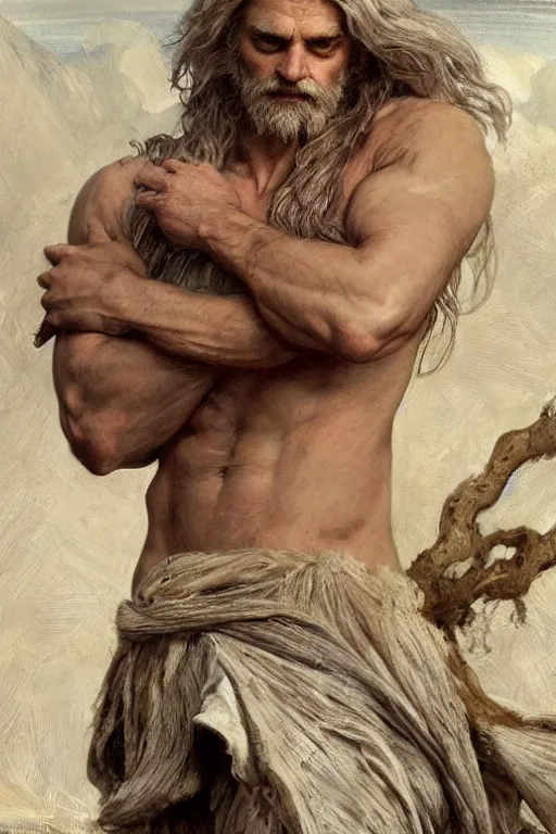 Image similar to painted portrait of rugged zeus, god of thunder, greek god, white hair, masculine, mature, handsome, upper body, flowy robe, muscular, hairy torso, fantasy, intricate, elegant, highly detailed, digital painting, artstation, concept art, smooth, sharp focus, illustration, art by gaston bussiere and alphonse mucha