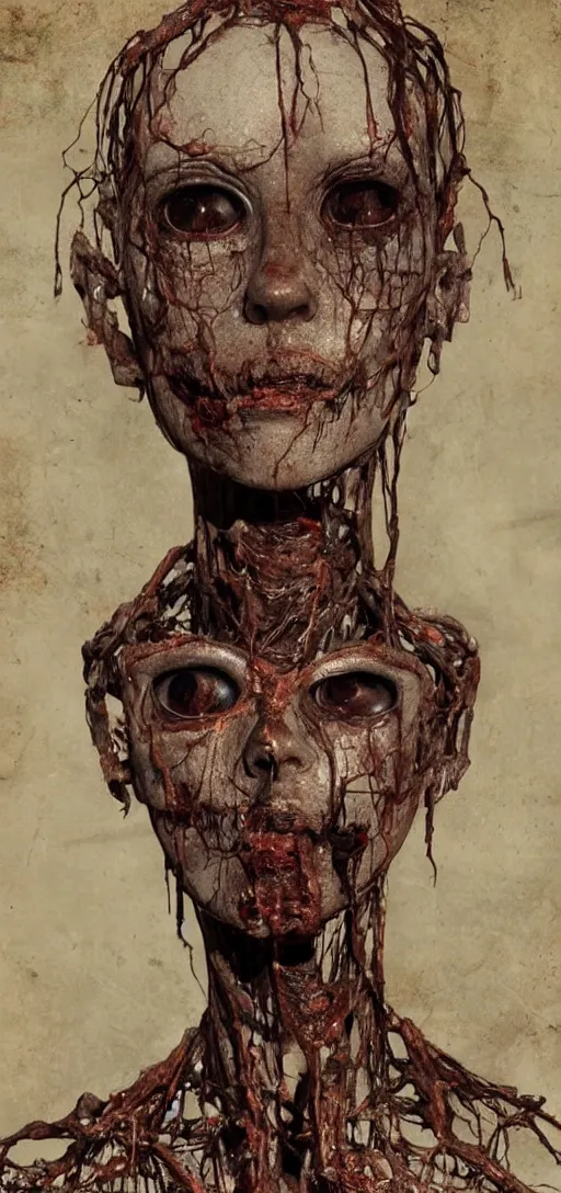 Image similar to old rotting mannequin staring at center of screen with wide large eyes, horror art, body horror, disturbing, intense, artstation, dramatic, scary, 4K, realistic,