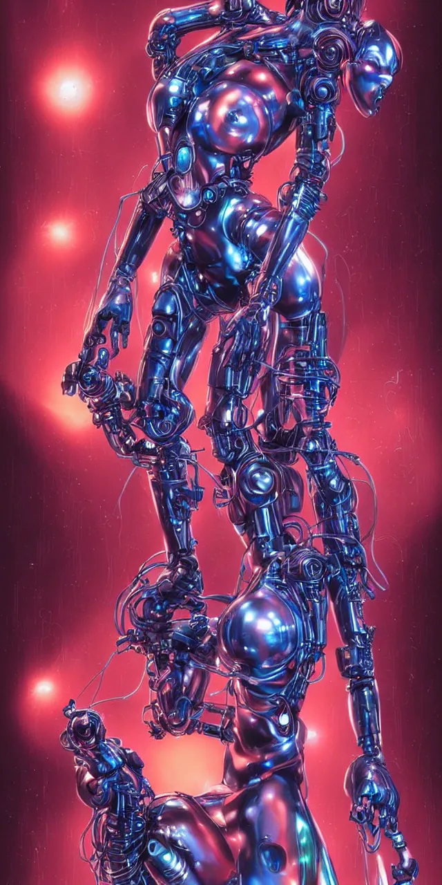 Image similar to beauty Aliens movie woman, robotic, cyberpunk, neon laser eyes, lots of cables and wiring, electrical details, trending on artstation, by Hajime Sorayama and Boris Vallejo