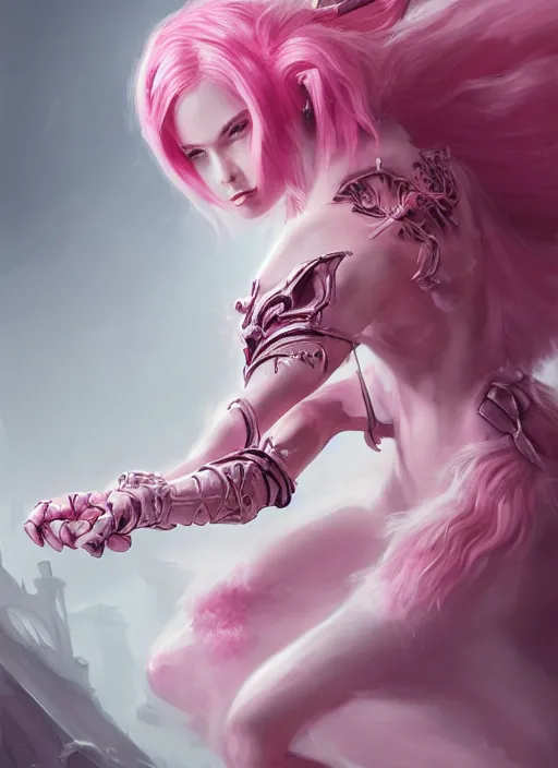 Image similar to a highly detailed illustration of pink haired pale demon girl wearing pink dress wielding claws, dramatic claw pose, intricate, elegant, highly detailed, centered, digital painting, artstation, concept art, smooth, sharp focus, league of legends concept art, wlop.