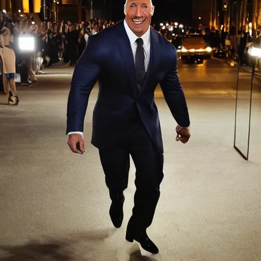 Image similar to dwayne the rock johnson wearing a expensive suit made entirly of gold walking down the run way, 3 5 mm, paparazzi photo, dazzling lights, dramatic lighting, photorealistic, cinematic scene, super detailed, hyper realistic, bright lights